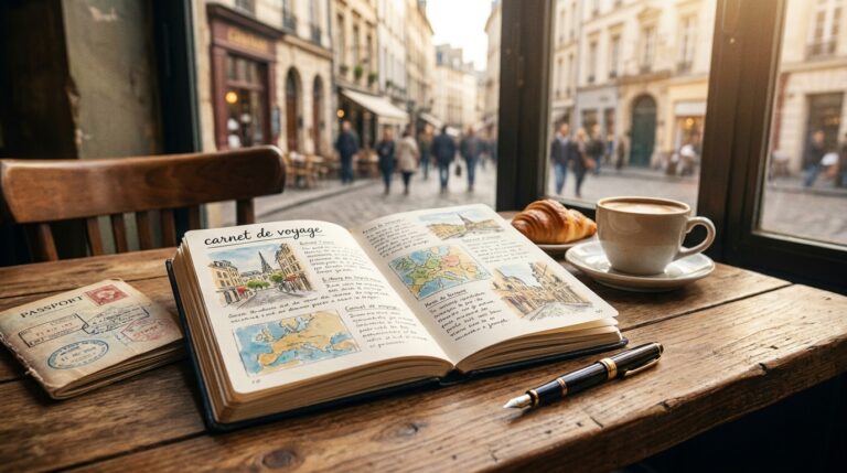 Carnet de voyage ouvert sur une table de café
