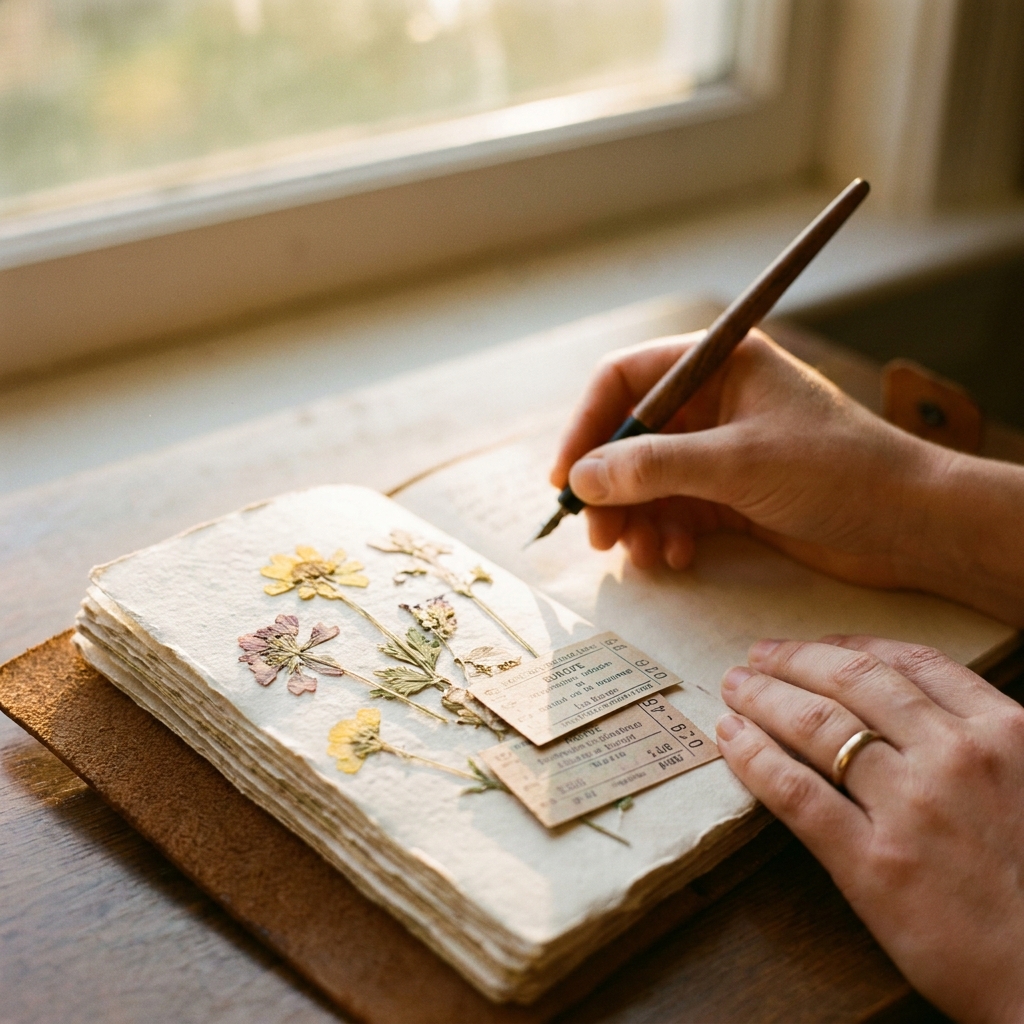 Main qui écrit dans un carnet de voyage avec des souvenirs collés
