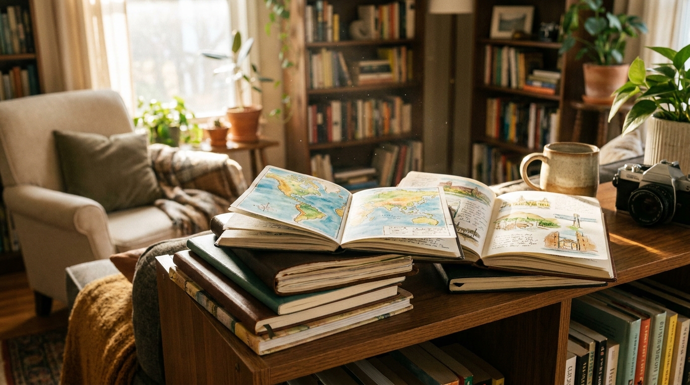 Collection de carnets de voyage sur une étagère